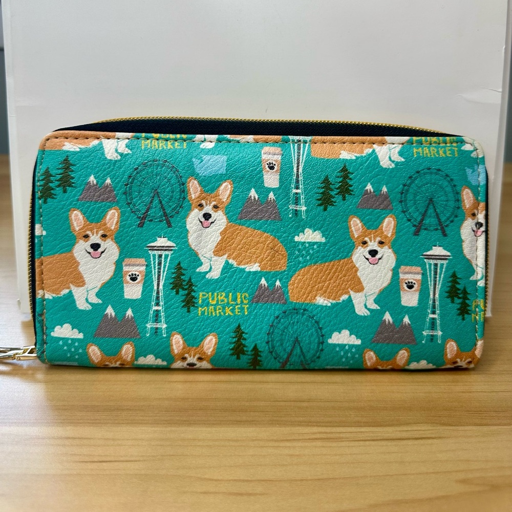 Corgi Print Wallet - Teal and Tan